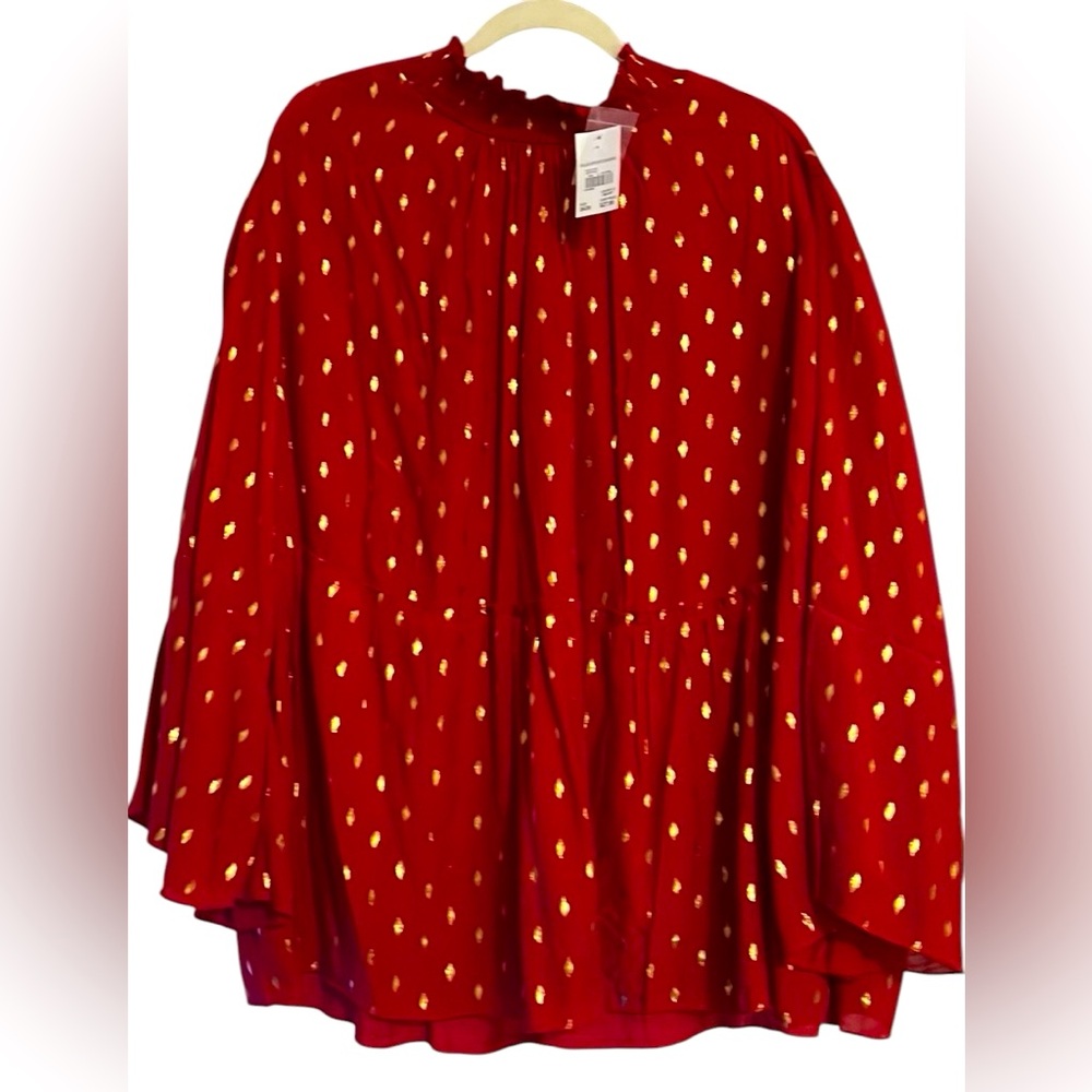 CATO Vanity Fair Jester Red/Gold High Smocked Neck Babydoll Top, Sz 26/28, NWT.